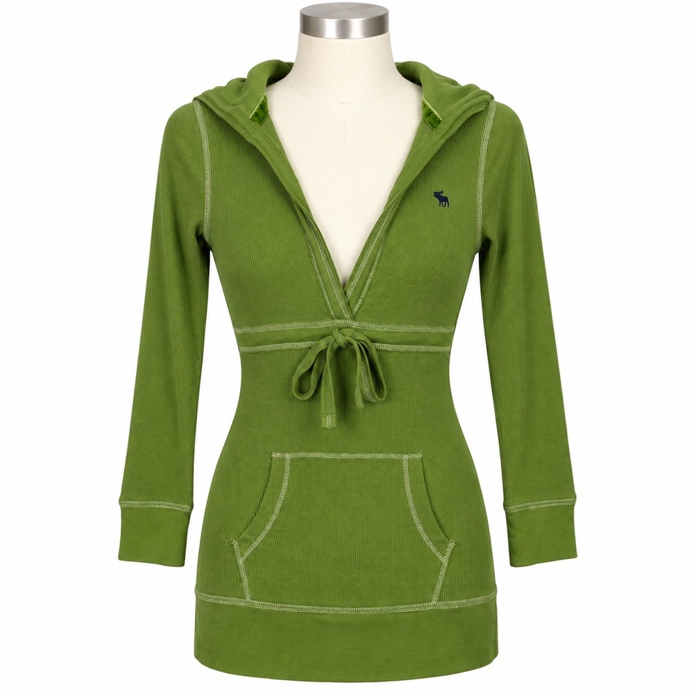 Abercrombie Fitch Y2K Babydoll Hooded Top Size Small Green Waist Tie Ribbed Knit
